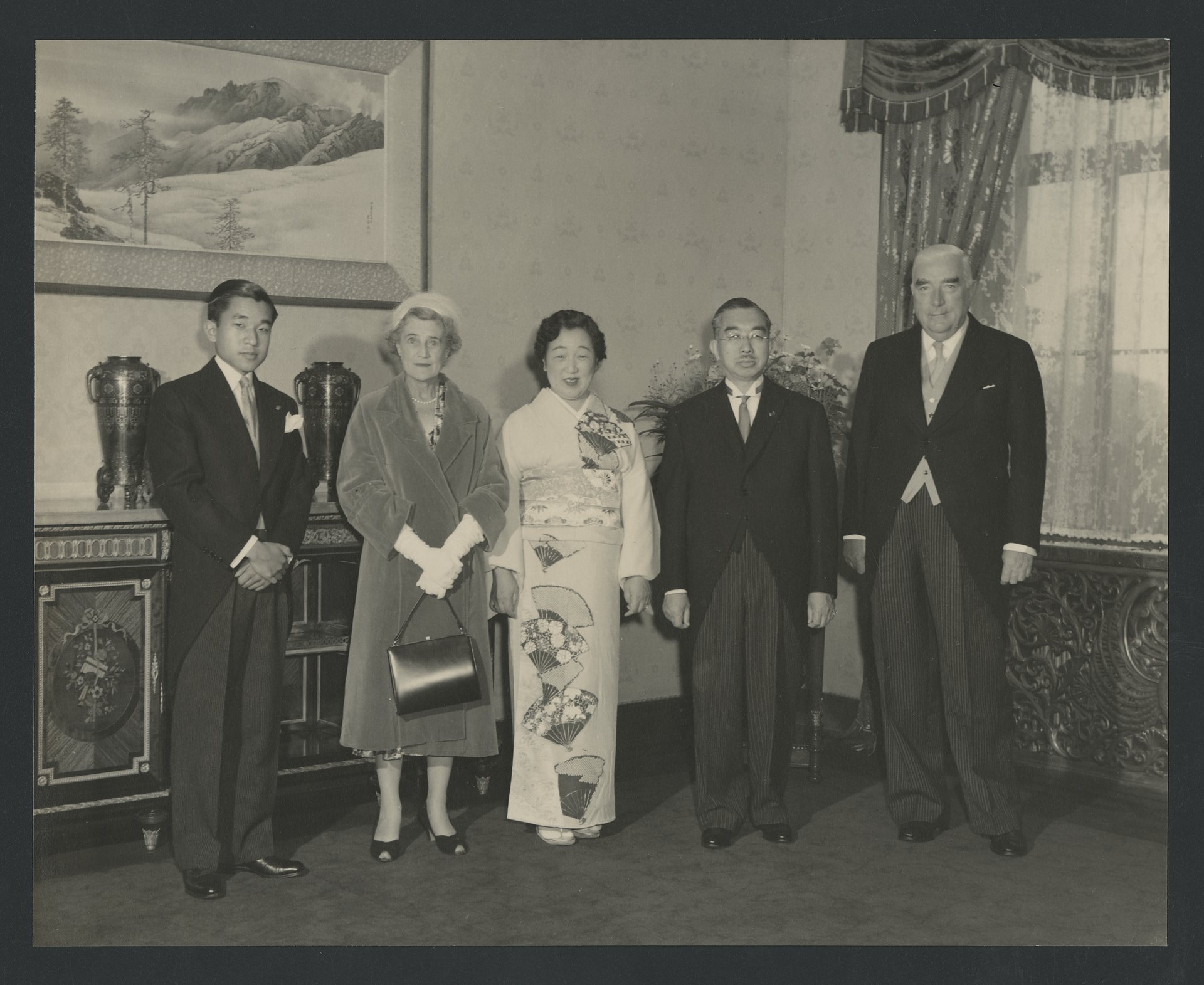 Crown Prince Akihito, Pattie Menzies, Empress Kōjun, Emperor Hirohito and Robert Menzies during Menzies' visit to Japan in 1957