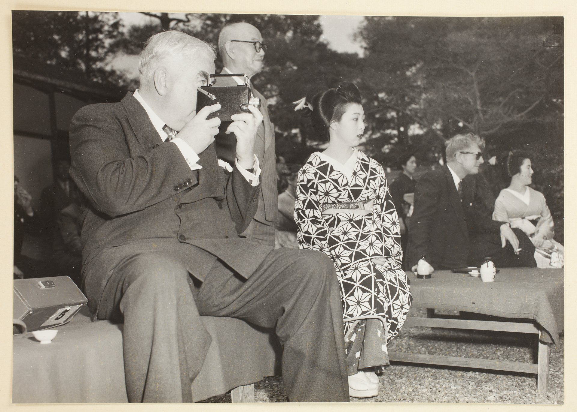 Robert Menzies filming at the Nomura Villa during a visit to Japan in 1957